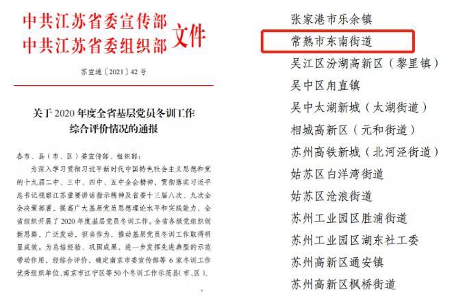 東南街道獲評2020年度江蘇省基層黨員冬訓工作示范街道！